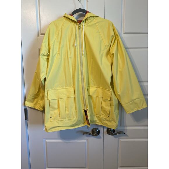 Misty Harbor Women’s Rain Coat Yellow Slicker Hood Sz L Plaid Lining Full Zip - Picture 1 of 10
